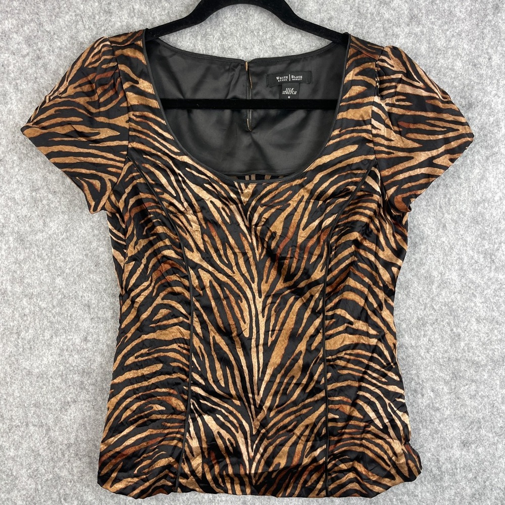 White House Black Market Silk Top Womens 6 Tiger Animal Print Stretch Whimsigoth